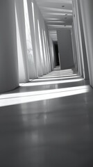 Fototapeta premium Abstract White Corridor A minimalist hallway of receding white frames, leading to a bright, undefined space beyond. The image evokes a sense of depth, perspective, and possibility.