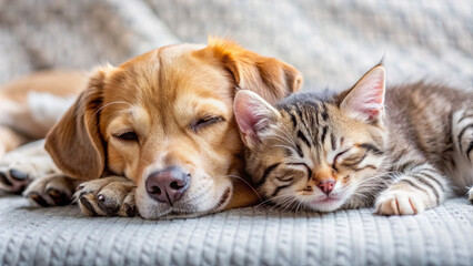 A dog and a cat are peacefully sleeping side by side on a soft fabric surface, enjoying a warm afternoon filled with tranquility and companionship