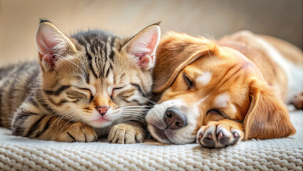 A tabby kitten and a beagle puppy are cuddled up together, soundly asleep on a soft blanket, radiating warmth and comfort in a tranquil home setting