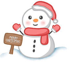 Illustration of a snowman wearing a scarf and a red hat.