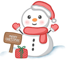 Illustration of a snowman wearing a scarf and a red hat.