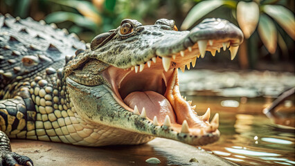 Fototapeta premium A large crocodile rests on a rocky bank with its mouth agape, exposing sharp teeth and a vibrant tongue, surrounded by lush greenery in a warm tropical environment