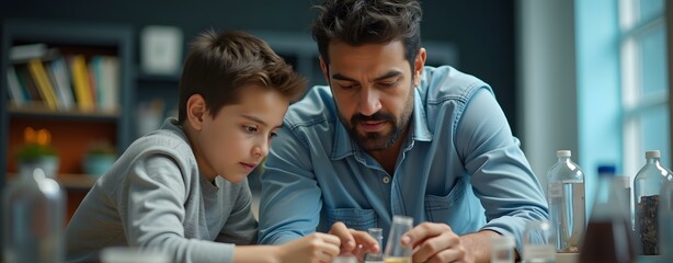 Father and Son Doing Science Experiment Together at Home