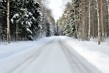Snowy Road Through Forest in Winter