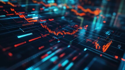 Digital financial data visualization with glowing red and blue graphs representing stock market analytics and trends.