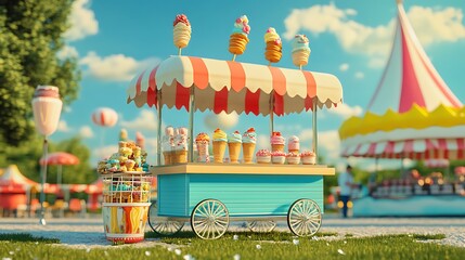A picturesque ice cream cart at a summer fair, with colorful decorations and a variety of ice cream options.