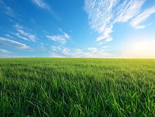 Obraz premium Expansive green meadow with clear blue sky and fluffy white clouds in the tranquil countryside