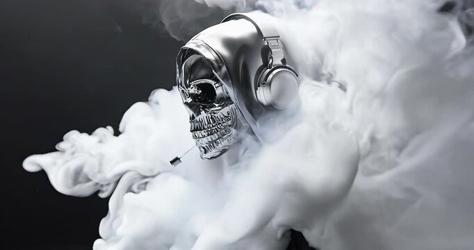 Skeleton DJ in white smoke. Music concept.