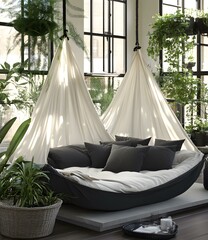 Relaxation Oasis with Hammock Bed and Indoor Plants