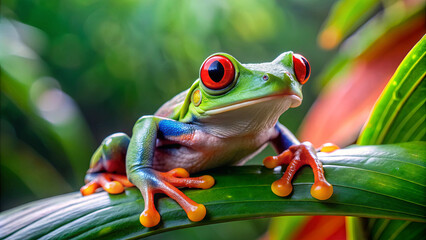 Fototapeta premium A red-eyed tree frog sits calmly on a lush green leaf, showcasing its bright colors in a tropical environment. Sunlight highlights its striking features