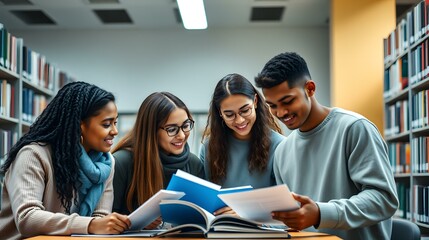 Group of Diverse Students Studying Together in a Library