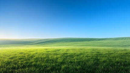 Fototapeta premium Stunning early morning landscape with vast green meadow and clear blue sky