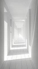 Fototapeta premium Abstract White Corridor A minimalist hallway of receding white frames, leading to a bright, undefined space beyond. The image evokes a sense of depth, perspective, and possibility.
