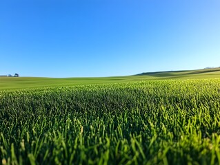 Obraz premium Expansive Lush Green Meadow with Clear Blue Sky Horizon
