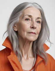 Naklejka premium Portrait of senior woman with grey hair in orange raincoat on white background