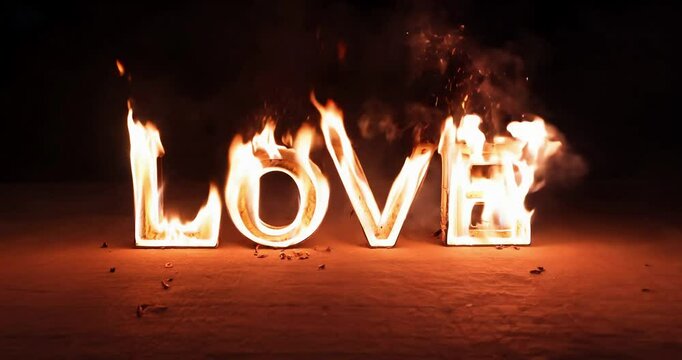 The word love burning in fire. Valintines day concept.