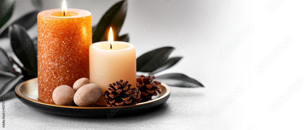 Canvas Prints  A couple of candles atop a plate, accompanied by two pine cones