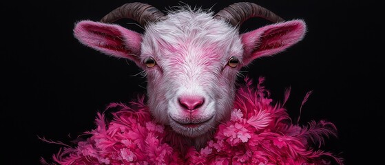  A tight shot of a goat sporting pink plumage, with a goat's head in the backdrop