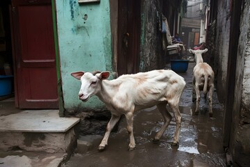 Two White Goats Walking in a Narrow Alley in India