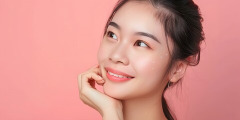 Fototapeta premium Smiling Asian Woman with Skin Care Products