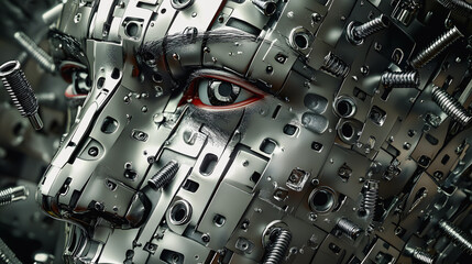 Art sculpture showing a human face made of small metal parts. Abstract illustration showing a woman's face in profile. A masterpiece created from recycled materials. Metal sculpture