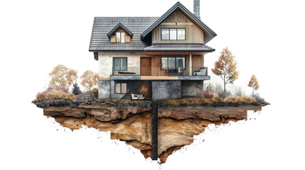 A modern house with unique design, partially embedded in ground, showcasing blend of nature and architecture. scene evokes sense of creativity and innovation. 