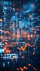 Obraz premium Futuristic city skyline with digital data overlay, illustrating modern technology, finance, and urban life through vibrant neon hues and graphs.