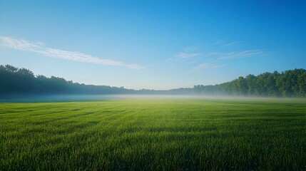Fototapeta premium Early Morning Misty Meadow with Lush Green Grass and Clear Blue Sky