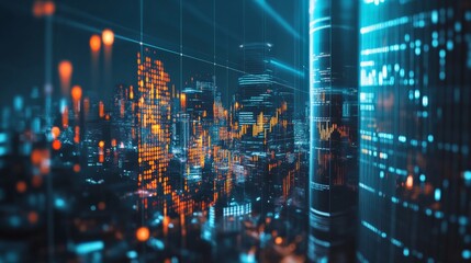 Futuristic cityscape with abstract digital elements. Neon lights and glowing buildings in a high-tech urban environment.