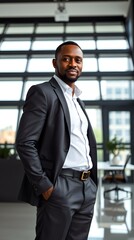 Fototapeta premium Portrait of a Confident African American Businessman in a Suit