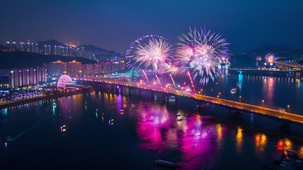 Nighttime Fireworks Display Over City Bridge