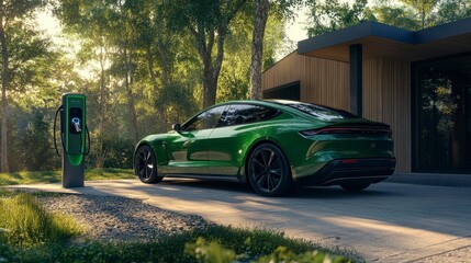 Fototapeta premium Green electric car charging in front of a modern home.
