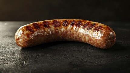 A single, grilled sausage sits on a dark background.
