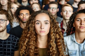 Fototapeta premium Close Up Portrait of Young Woman with Curly Hair in Crowd