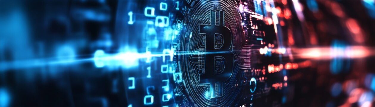 Futuristic digital background featuring glowing binary code and intricate network patterns, showcasing advanced technology and data flow.