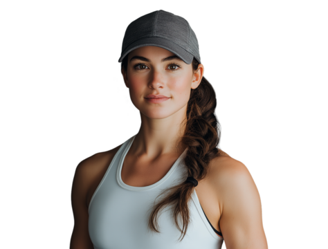 professional sportswoman and fitness instructor in athletic wear with sporty cap