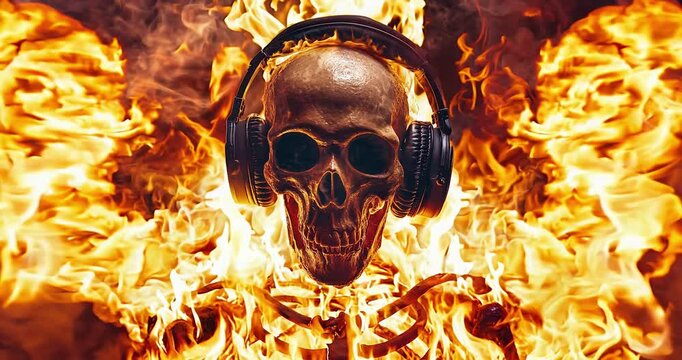 Skull in headphones in a fiery burn atmosphere. Music, party, halloween concept.