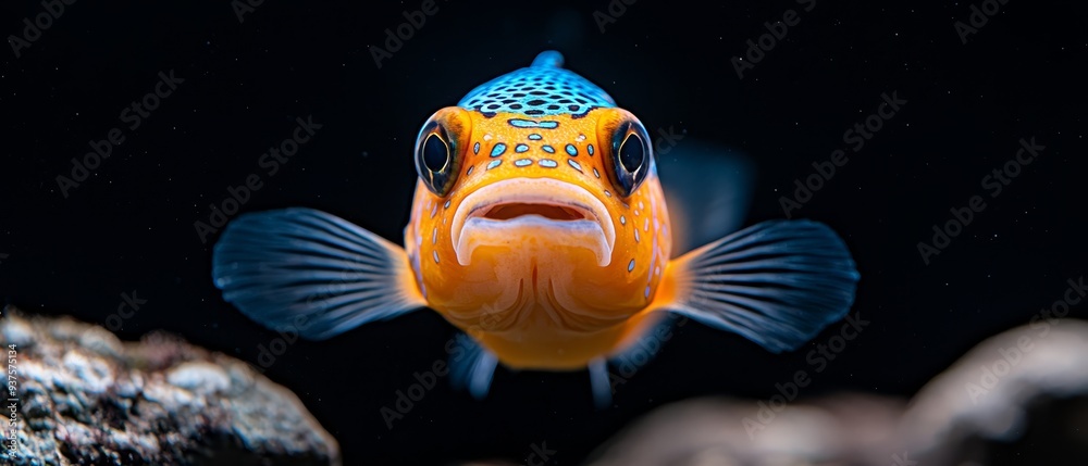 Sticker a tight shot of an orange-blue fish against a black backdrop, surrounded by other fish in the water