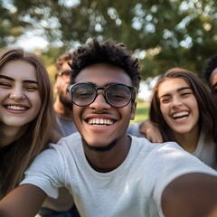 Obraz premium Smiling Group of Diverse Friends Taking Selfie in Park