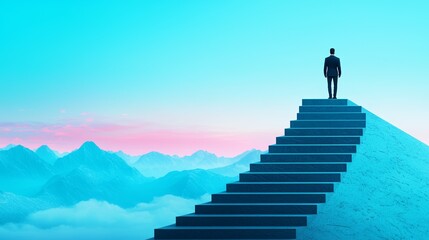 A lone figure stands at the top of a staircase, symbolizing achievement and ambition against a serene blue backdrop.