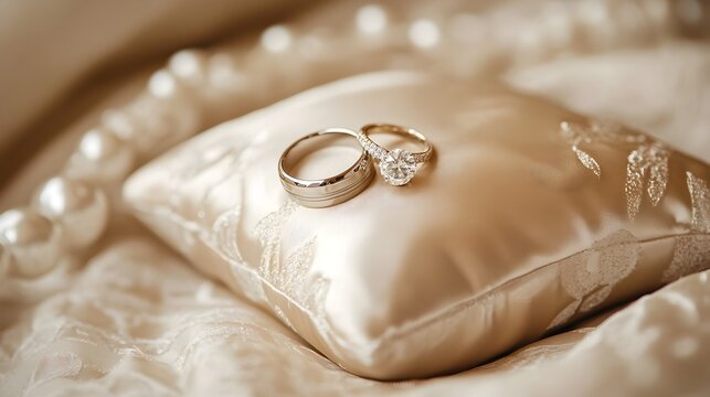 Elegant and luxurious wedding rings resting gracefully on a soft satin pillow ready for the ceremonial vows and union of a couple s lifelong commitment and love