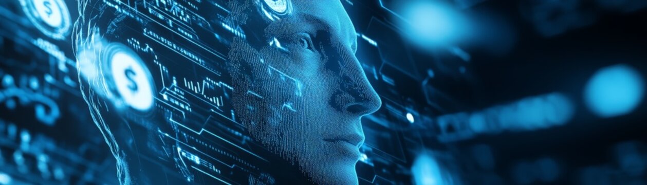 Futuristic digital human face integrated with technology, representing AI, machine learning, and innovation in a cyber world.