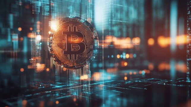 Futuristic digital illustration of a bitcoin symbol on a glowing technological background representing blockchain and cryptocurrency.