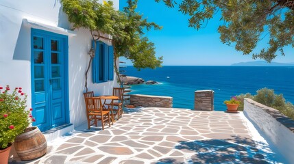 Fototapeta premium Greek island house with azure sea in the background AI generated illustration