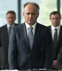 Fototapeta premium Serious Businessman in Suit Standing in Front of Other Businessmen