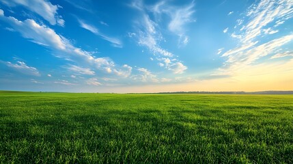 Obraz premium Expansive green meadow under a brilliant blue sky with wispy clouds at sunrise