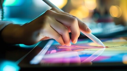 Naklejka premium Hands using a tablet with a stylus for digital design AI generated illustration