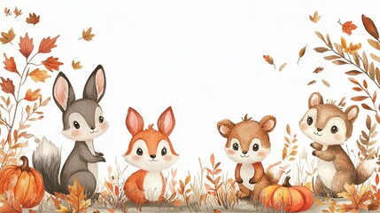 Naklejka premium Cute animals in autumn setting with pumpkins and leaves, expressing joy and playfulness. 