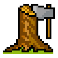 Tree stump with ax in pixel art style