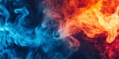 Color smoke abstract background. Cold hot. Ice fire flame. Defocused blue red contrast paint splash light glowing vapor floating cloud texture. Generative ai